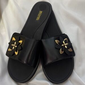 Michael Kors Black Heidi Slide Sandals with Gold Floral Detail 10 New with Box